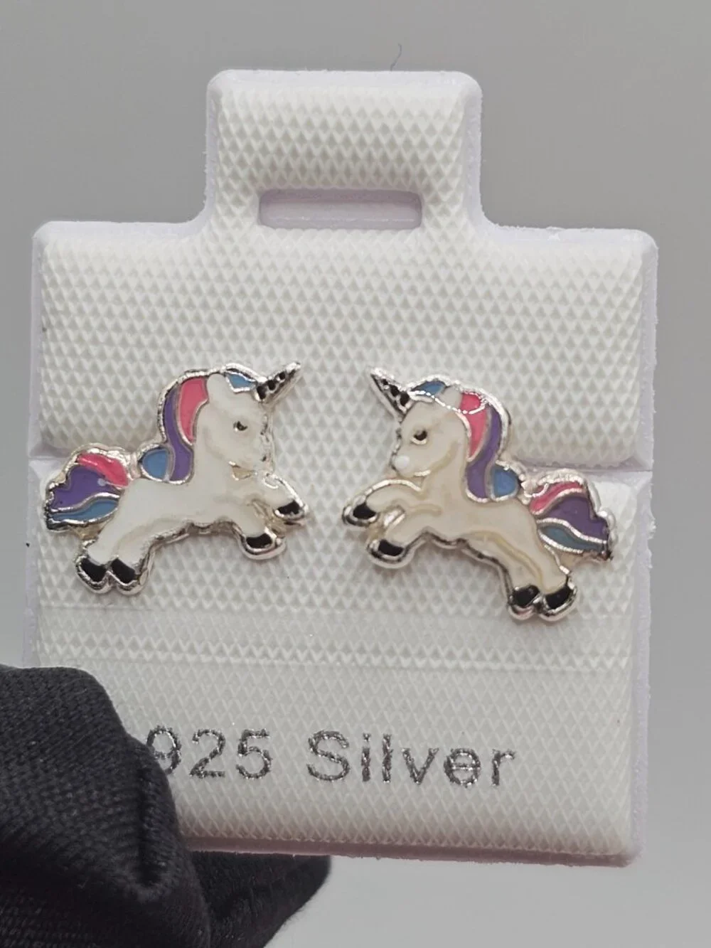 Sterling Silver 925 High Polished Enamel Jumping Unicorn Screw Stud Earrings